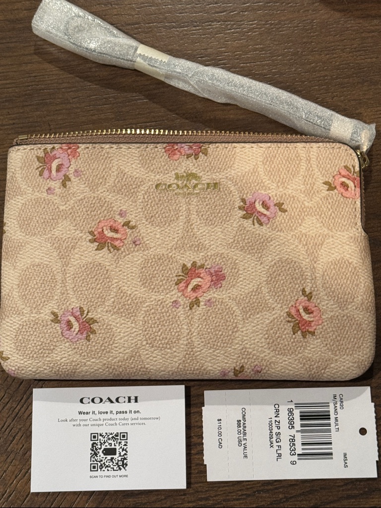 Coach Pink Floral Signature Zip Wristlet Pouch